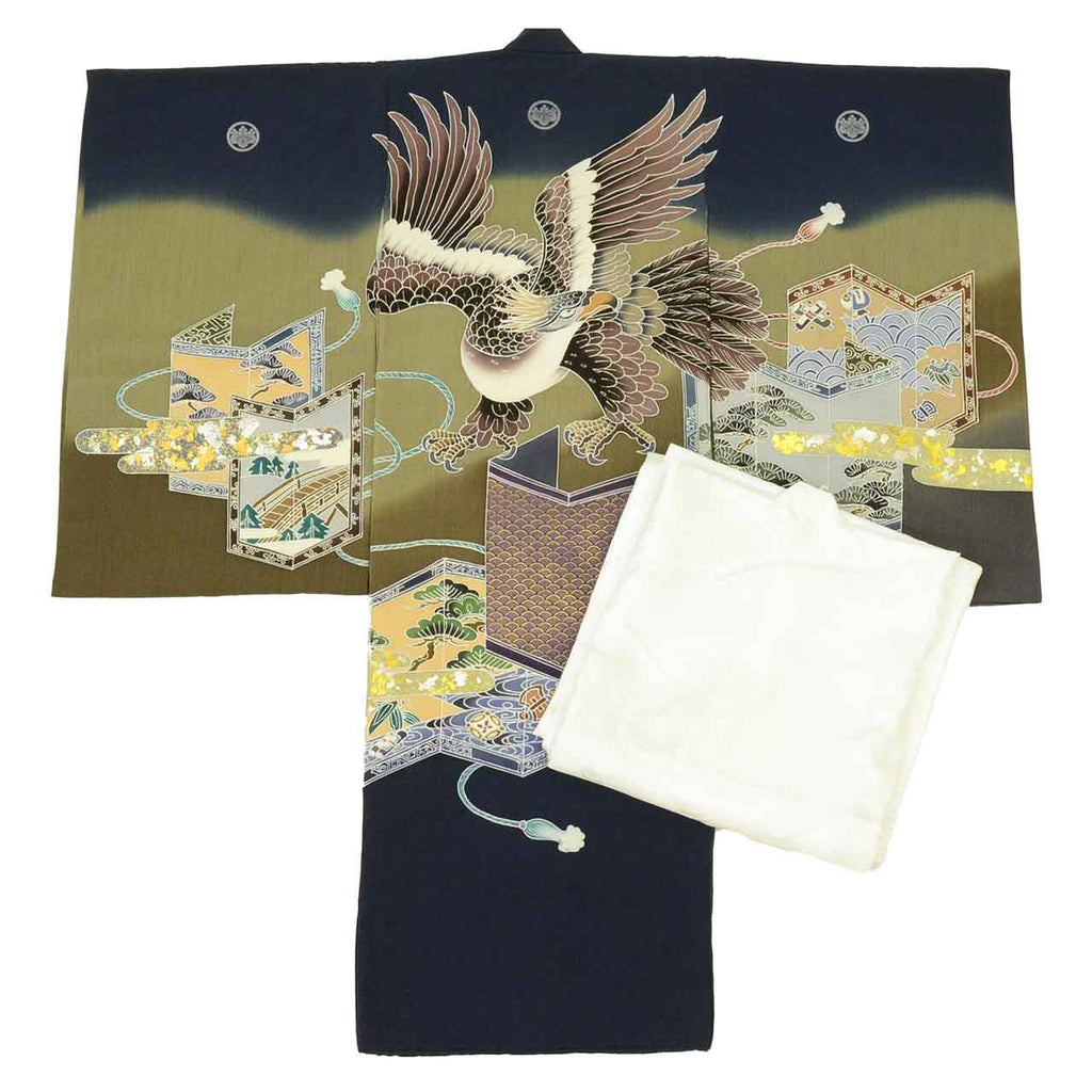 [Used] Recycled Kimono for Baby Boy's First Shrine Visit, One-Piece, Pure Silk, Ready-Made, Sleeve Length 48.0cm (18.9in), Body Length 97.0cm (38.2in), Navy Blue, Hawk Pattern, Includes Undergarment, Family Crest, Gold Embellishment, First Kimono, uu1990b 