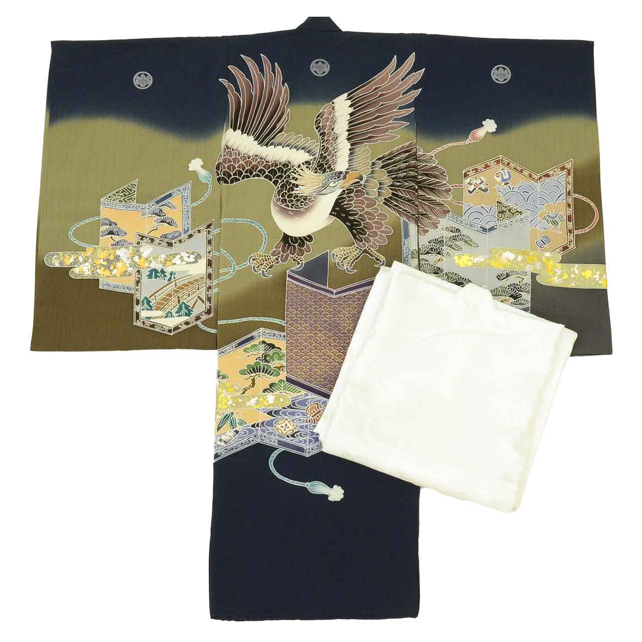 [Used] Recycled Kimono for Baby Boy's First Shrine Visit, One-Piece, Pure Silk, Ready-Made, Sleeve Length 48.0cm (18.9in), Body Length 97.0cm (38.2in), Navy Blue, Hawk Pattern, Includes Undergarment, Family Crest, Gold Embellishment, First Kimono, uu1990b 
