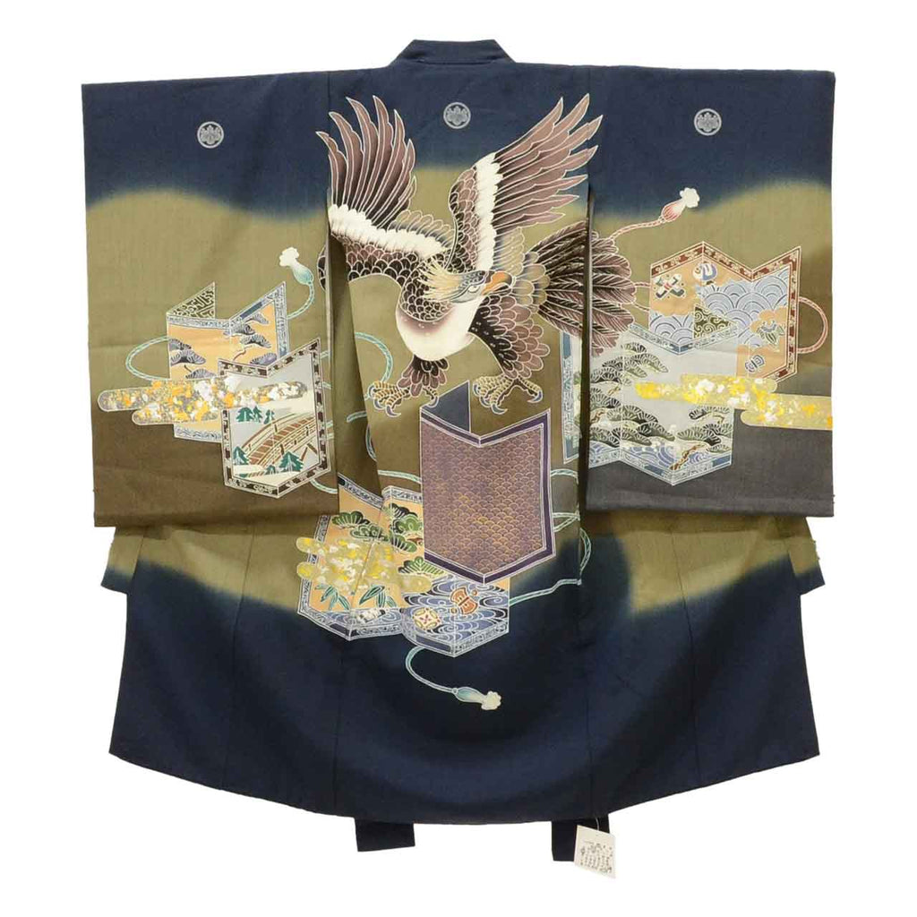 [Used] Recycled Kimono for Baby Boy's First Shrine Visit, One-Piece, Pure Silk, Ready-Made, Sleeve Length 48.0cm (18.9in), Body Length 97.0cm (38.2in), Navy Blue, Hawk Pattern, Includes Undergarment, Family Crest, Gold Embellishment, First Kimono, uu1990b 