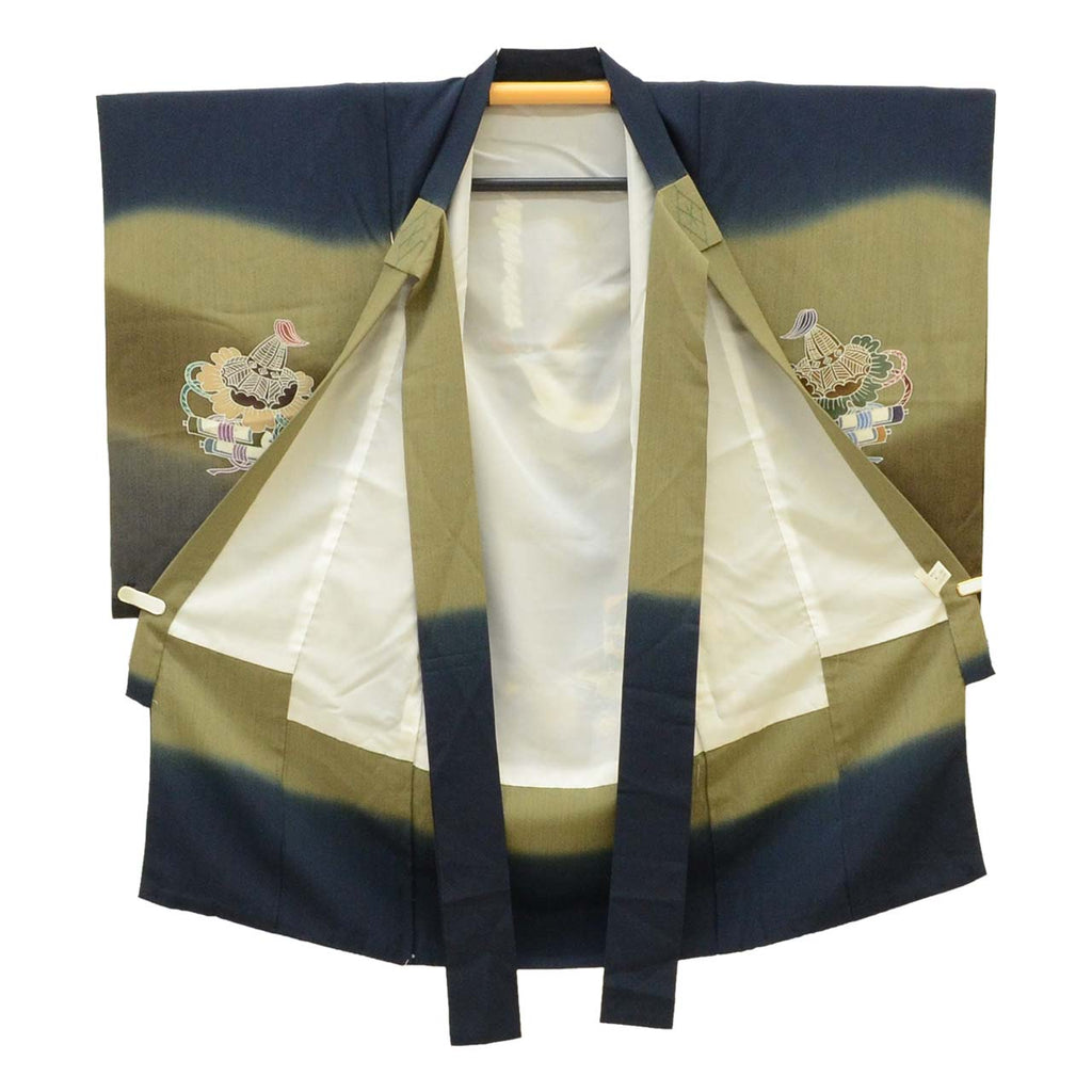 [Used] Recycled Kimono for Baby Boy's First Shrine Visit, One-Piece, Pure Silk, Ready-Made, Sleeve Length 48.0cm (18.9in), Body Length 97.0cm (38.2in), Navy Blue, Hawk Pattern, Includes Undergarment, Family Crest, Gold Embellishment, First Kimono, uu1990b 