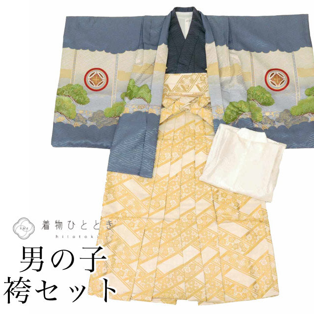 【中古】 リサイクル着物 子供 着物 羽織 袴 セット 男の子 化繊 仕立て上がり 裄丈46.8cm 身丈100cm グレー色系 鷹 鼓文様 長襦袢付き uu1998b