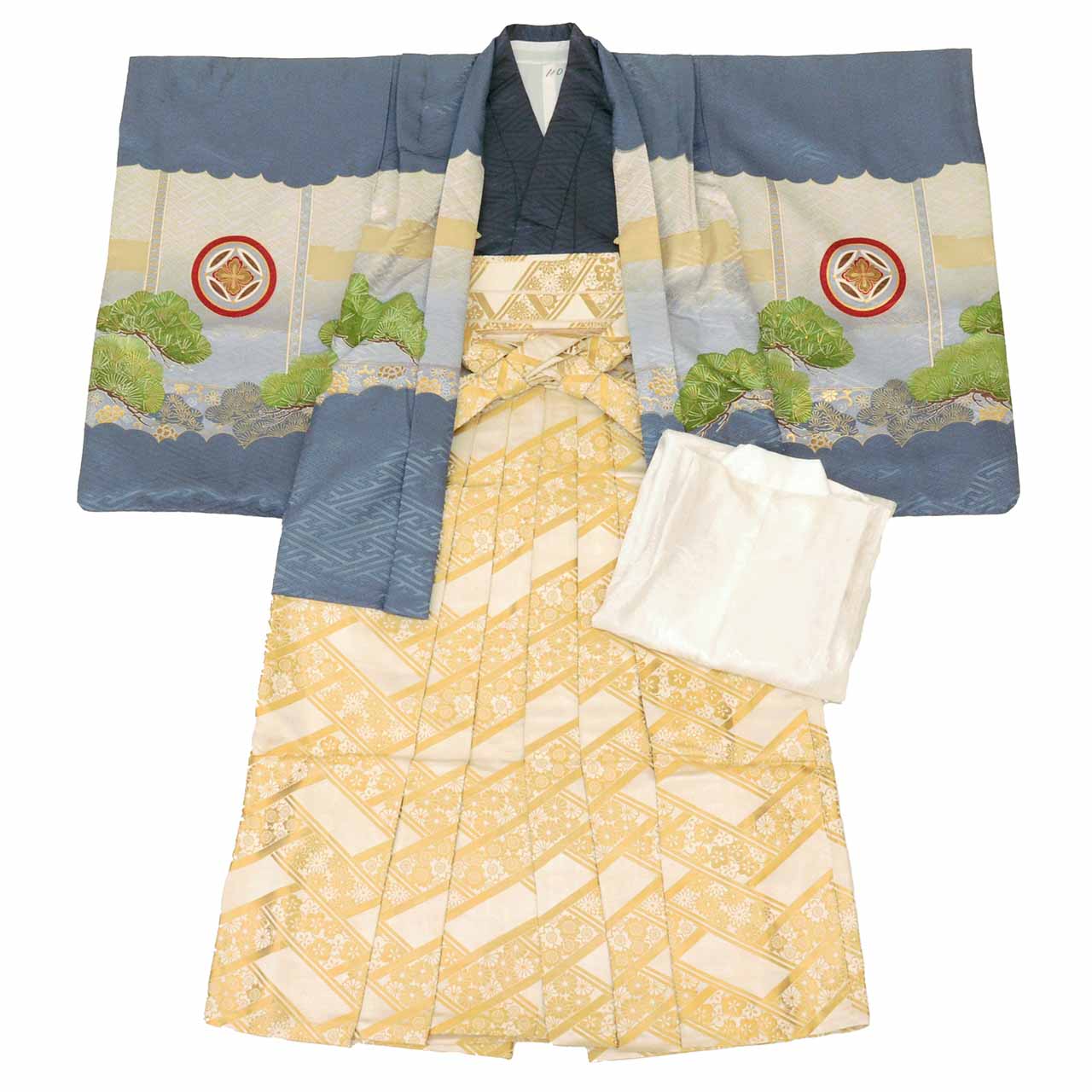 Vintage Japanese Hakama | Boy's Kimono Haori Hakama Set | Gray Synthetic | Hawk Drum Pattern | With Nagajuban | Sustainable | uu1998b
