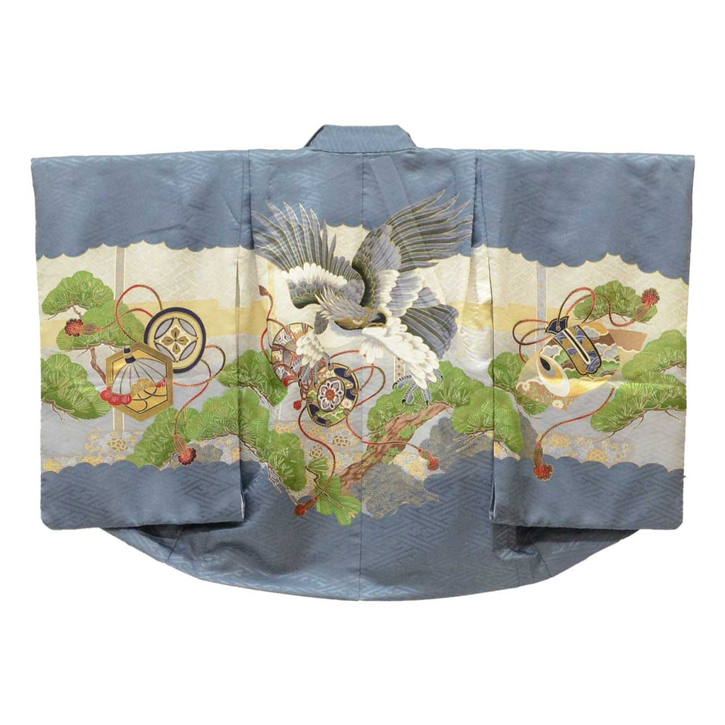 [Used] Recycled Kimono, Children's Kimono, Haori, and Hakama Set, Boys, Synthetic Fiber, Ready-made, Sleeve Length 46.8cm (18.4in), Body Length 100.0cm (39.4in), Gray, Hawk and Drum Pattern, Includes Nagajuban (Undergarment) uu1998b 