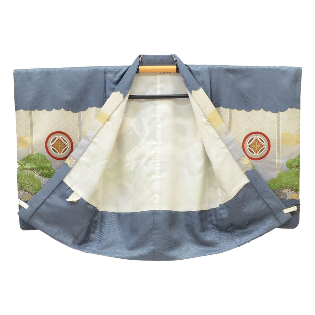 [Used] Recycled Kimono, Children's Kimono, Haori, and Hakama Set, Boys, Synthetic Fiber, Ready-made, Sleeve Length 46.8cm (18.4in), Body Length 100.0cm (39.4in), Gray, Hawk and Drum Pattern, Includes Nagajuban (Undergarment) uu1998b 