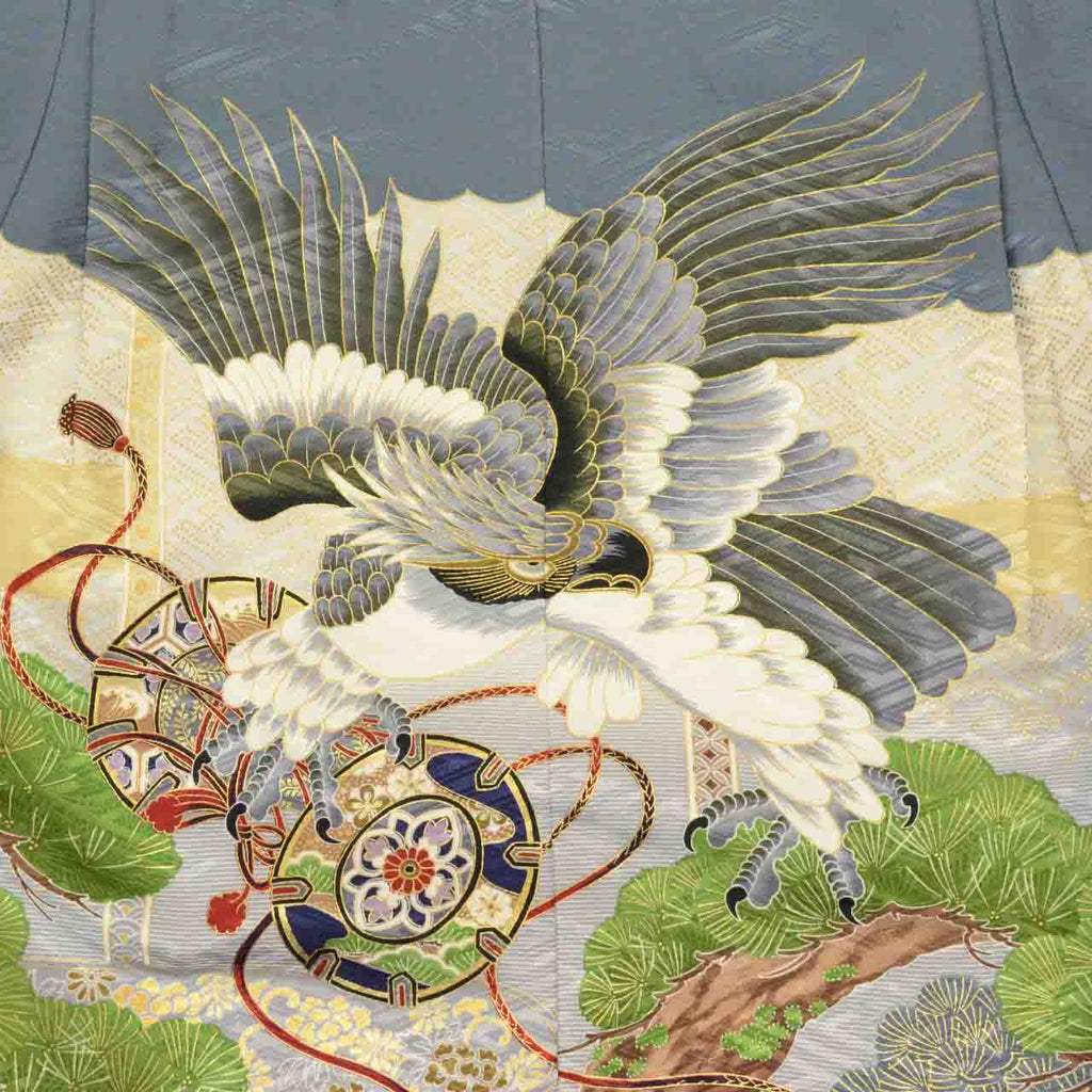 [Used] Recycled Kimono, Children's Kimono, Haori, and Hakama Set, Boys, Synthetic Fiber, Ready-made, Sleeve Length 46.8cm (18.4in), Body Length 100.0cm (39.4in), Gray, Hawk and Drum Pattern, Includes Nagajuban (Undergarment) uu1998b 