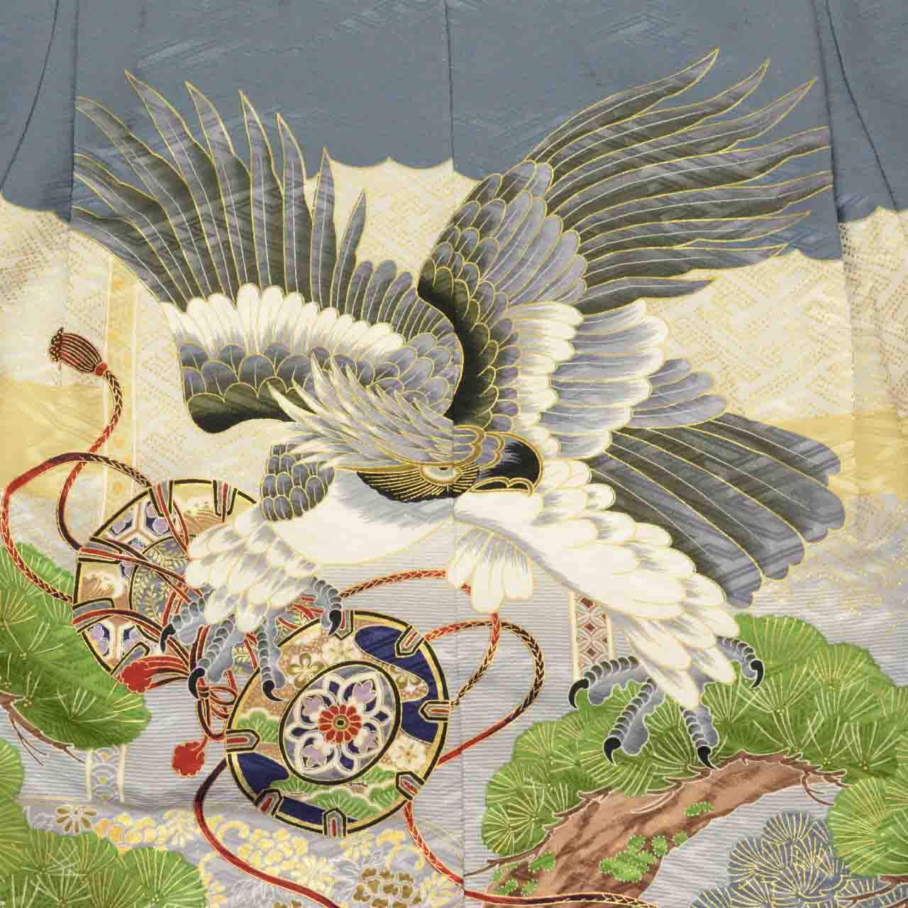 [Used] Recycled Kimono, Children's Kimono, Haori, and Hakama Set, Boys, Synthetic Fiber, Ready-made, Sleeve Length 46.8cm (18.4in), Body Length 100.0cm (39.4in), Gray, Hawk and Drum Pattern, Includes Nagajuban (Undergarment) uu1998b 