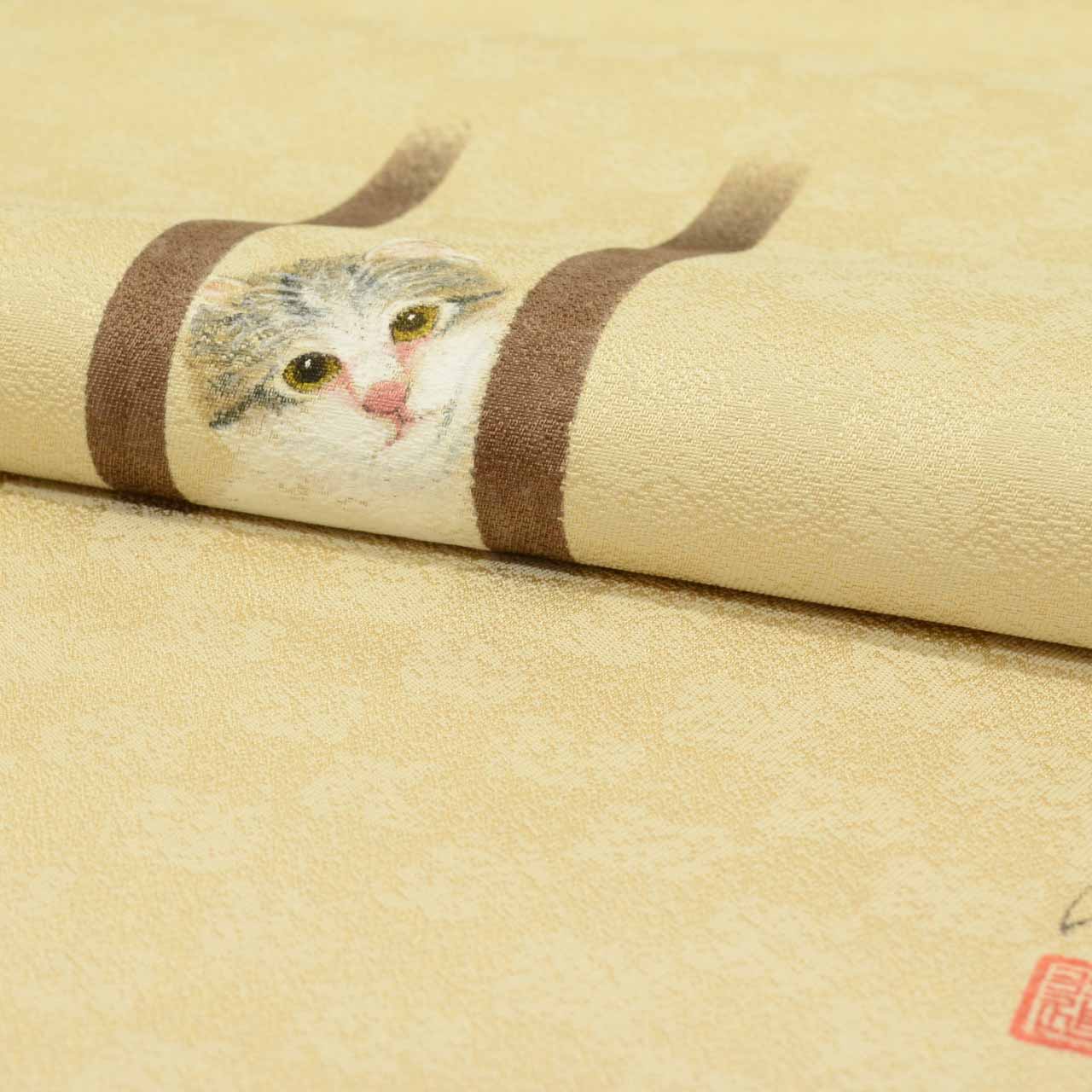 Vintage Japanese Obi | Nagoya Obi | Silk | Cat Pattern | Hand-painted | Artist Signed | Umeoka | Excellent | Sustainable | uu2007b