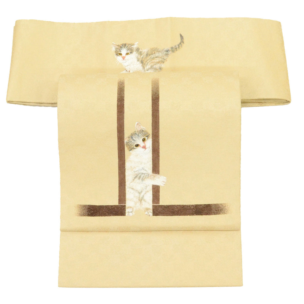 Vintage Japanese Obi | Nagoya Obi | Silk | Cat Pattern | Hand-painted | Artist Signed | Umeoka | Excellent | Sustainable | uu2007b
