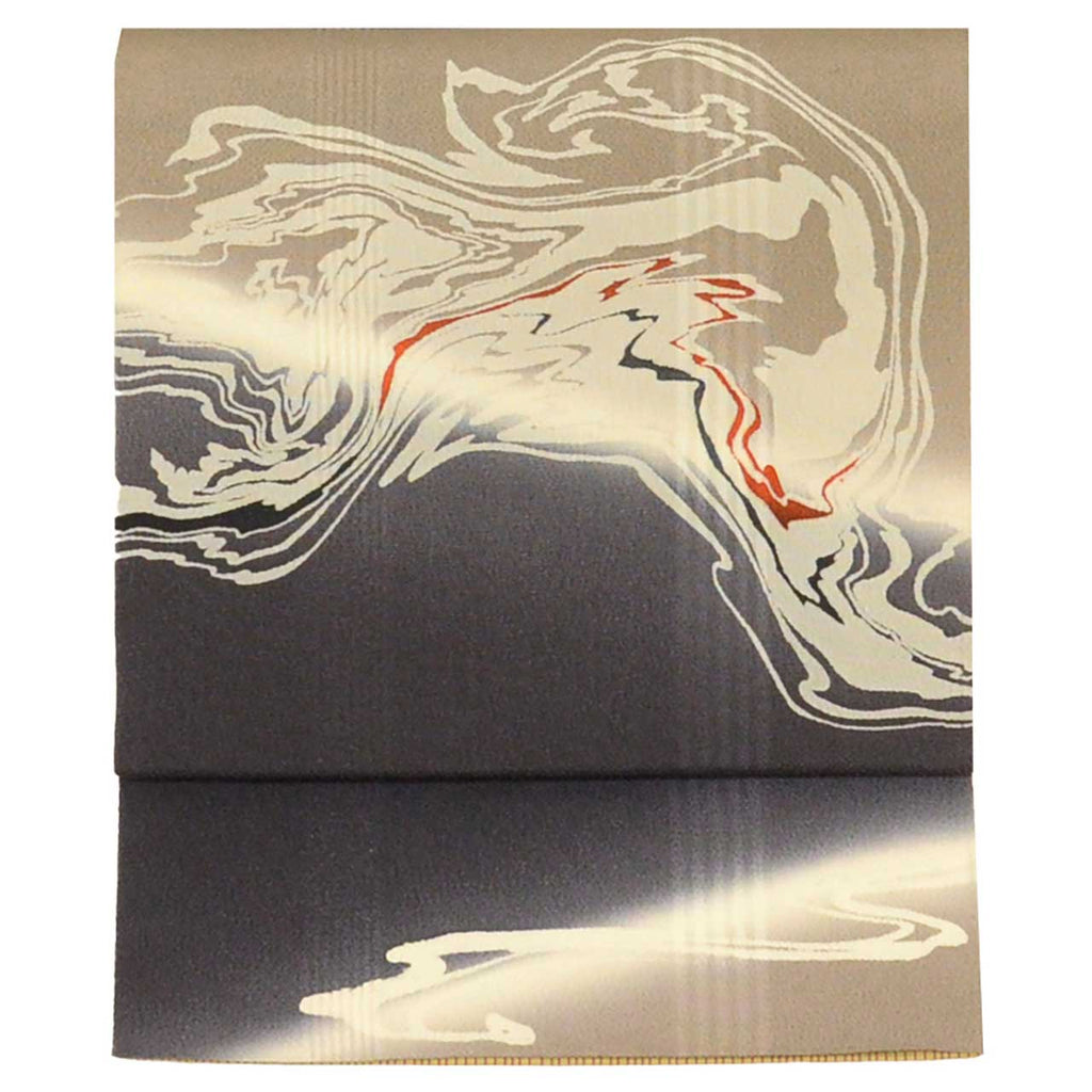 Vintage Japanese Obi | Sha-re Fukuro Obi | Gray Brown Silk Crepe | Stream Pattern | Umeoka | Excellent | Sustainable | uu2010b