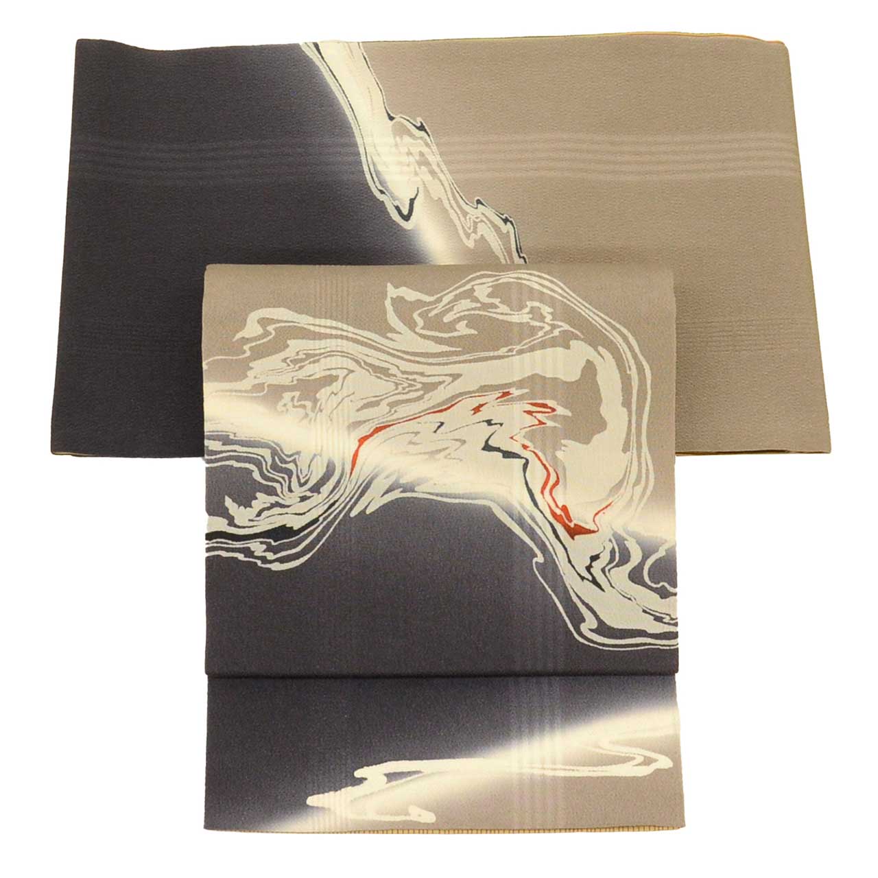 Vintage Japanese Obi | Sha-re Fukuro Obi | Gray Brown Silk Crepe | Stream Pattern | Umeoka | Excellent | Sustainable | uu2010b