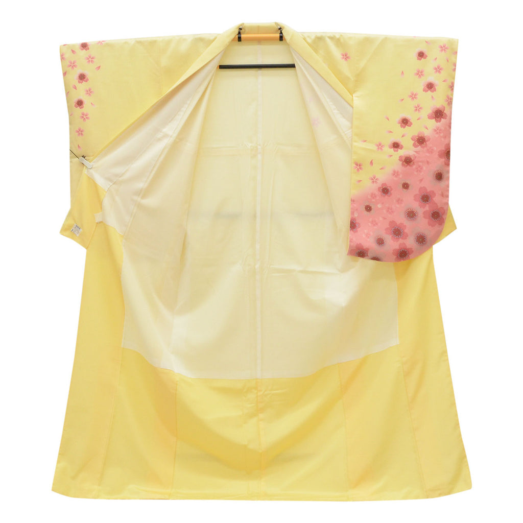 Vintage Japanese Kimono | Ni-shaku Furisode | Yellow Synthetic | Cherry Blossom | Washable | For Hakama | Sustainable | uu2014b