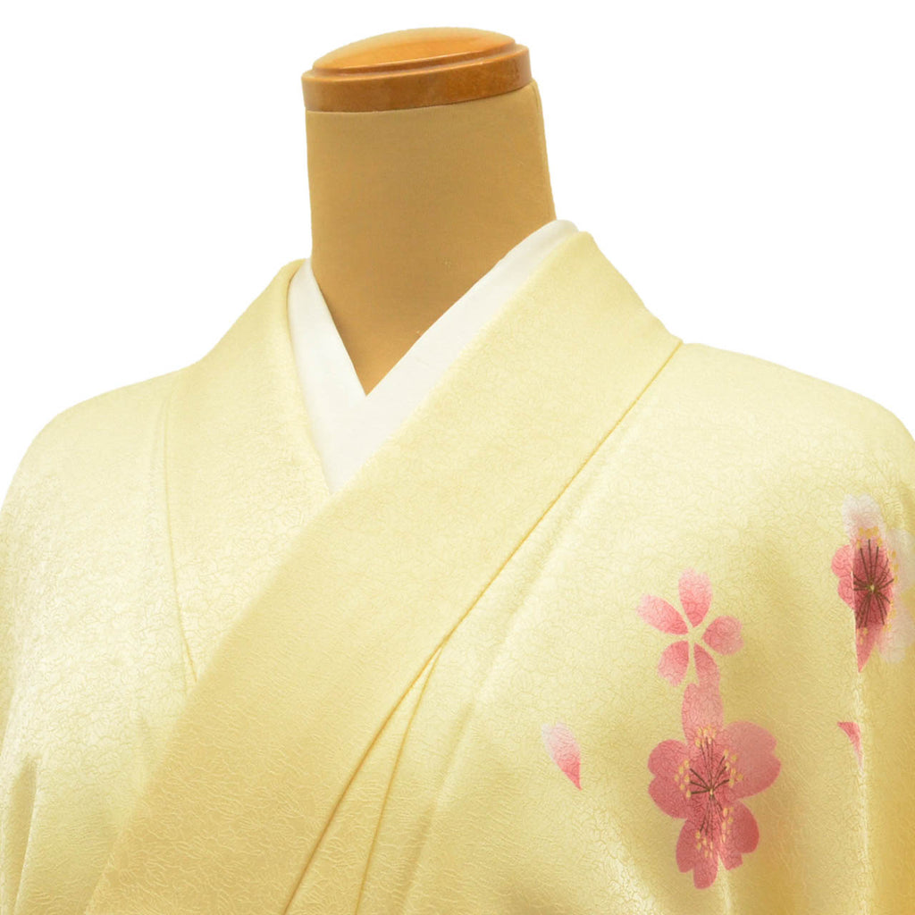 Vintage Japanese Kimono | Ni-shaku Furisode | Yellow Synthetic | Cherry Blossom | Washable | For Hakama | Sustainable | uu2014b