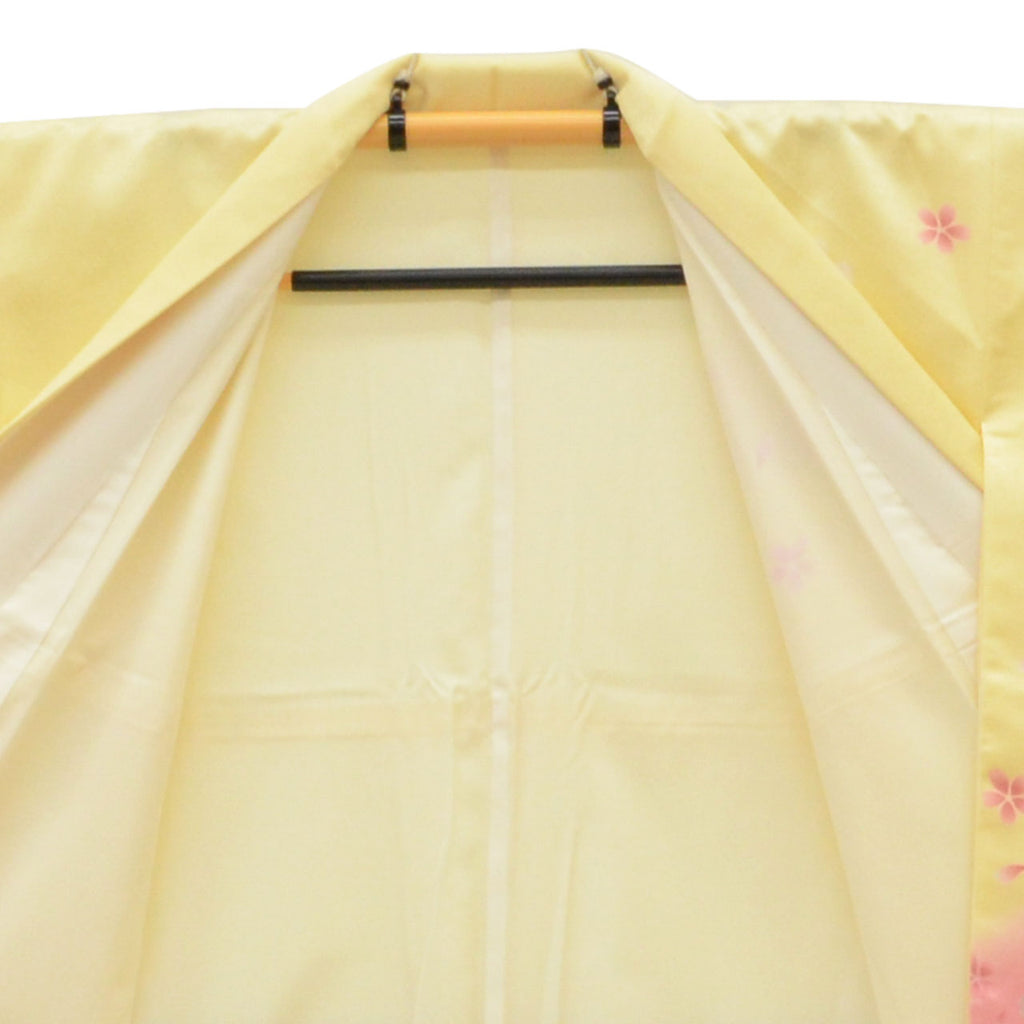 Vintage Japanese Kimono | Ni-shaku Furisode | Yellow Synthetic | Cherry Blossom | Washable | For Hakama | Sustainable | uu2014b