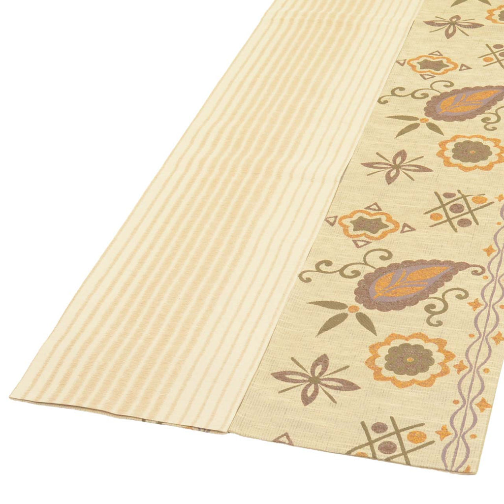 Vintage Japanese Obi | Sha-re Fukuro Obi | Beige Silk Tsumugi | Floral | Komusade Mode Yamato | New Hajiku Guard | Sustainable | uu2020b