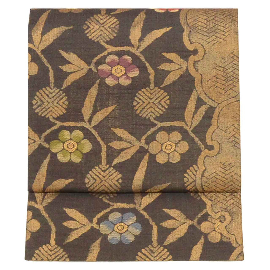 Vintage Japanese Obi | Fukuro Obi | Silk Tsumugi | Floral Arabesque | Gold Thread | Kano-no-Miyako | Semi-formal | Sustainable | uu2023b