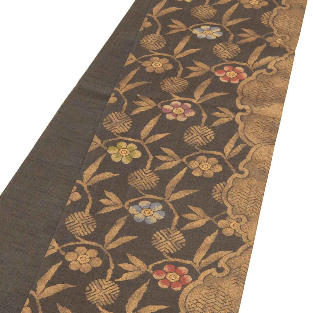 Vintage Japanese Obi | Fukuro Obi | Silk Tsumugi | Floral Arabesque | Gold Thread | Kano-no-Miyako | Semi-formal | Sustainable | uu2023b