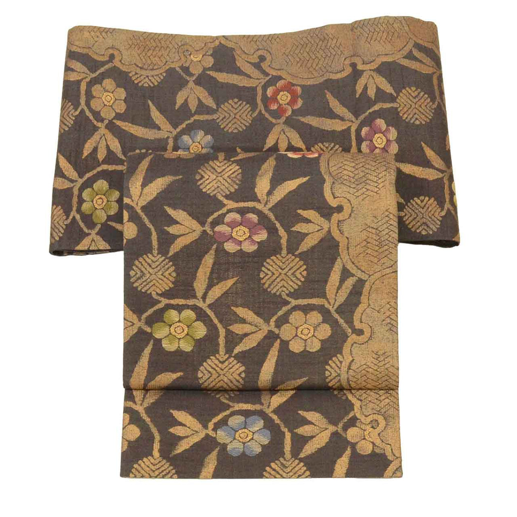 Vintage Japanese Obi | Fukuro Obi | Silk Tsumugi | Floral Arabesque | Gold Thread | Kano-no-Miyako | Semi-formal | Sustainable | uu2023b