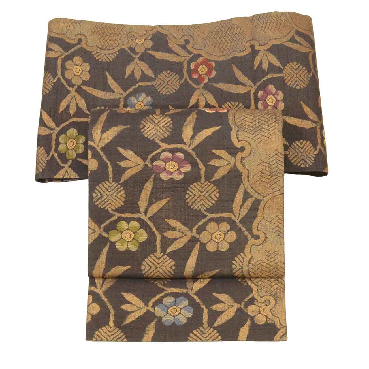 Vintage Japanese Obi | Fukuro Obi | Silk Tsumugi | Floral Arabesque | Gold Thread | Kano-no-Miyako | Semi-formal | Sustainable | uu2023b