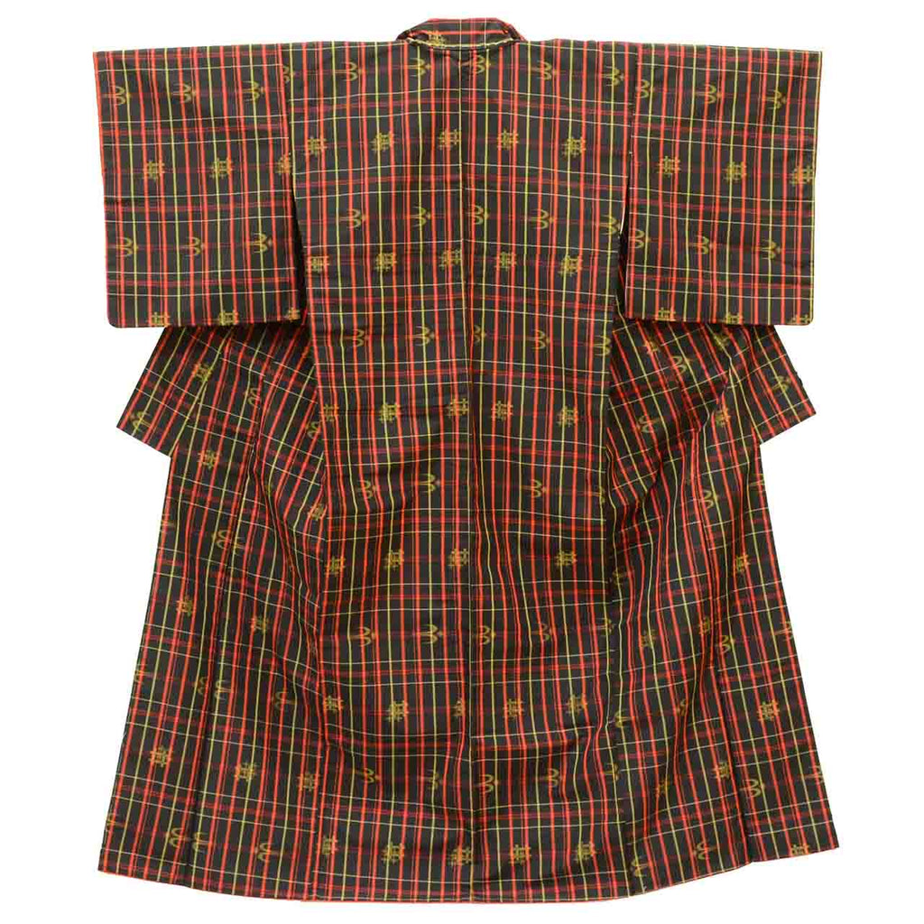 Vintage Japanese Kimono | Women's Oshima Tsumugi Ensemble | Black Silk | Lattice Kasuri | Size M | Sustainable | uu2034b