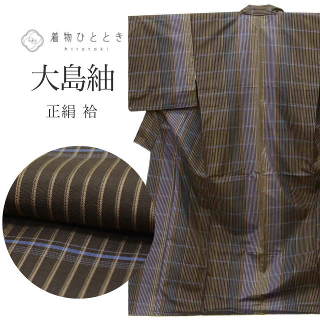 【中古】 大島紬 リサイクル 着物 正絹 絹 SILK シルク LLサイズ 高身長 大きめサイズ トールサイズ ちょっとふくよかL 特選逸品 身丈166.8cm 裄丈70.5cm 袷 仕立て上がり 未使用品 茶 縞 はればれ加工済 リユース uu2037b