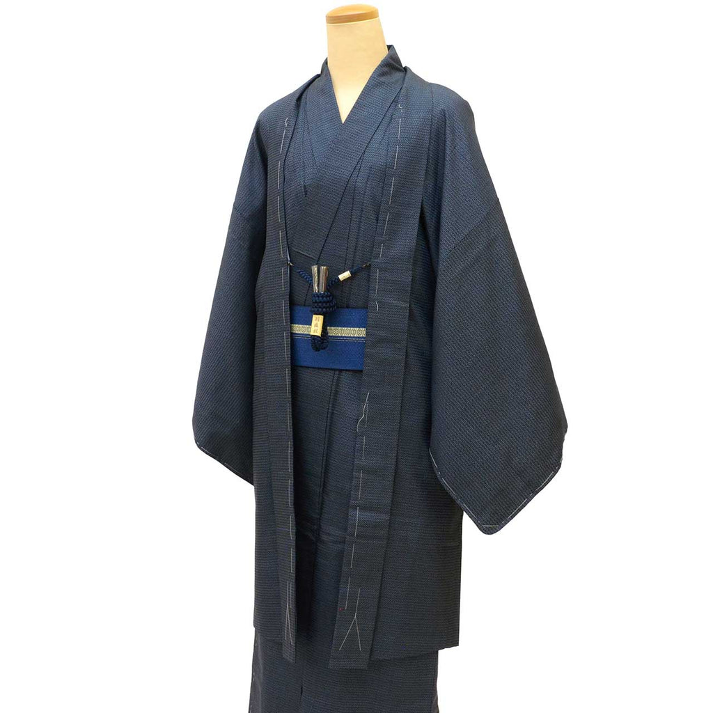 [Used] Recycled Kimono and Haori Set Ensemble for Men, Oshima Tsumugi Silk, Unused, Sleeve Length 69.5cm, Body Length 146cm, Size L, Navy Blue, Tortoiseshell Pattern, Includes Nagajuban (undergarment), Obi (sash), and Haori Cord. (uu2050b) 