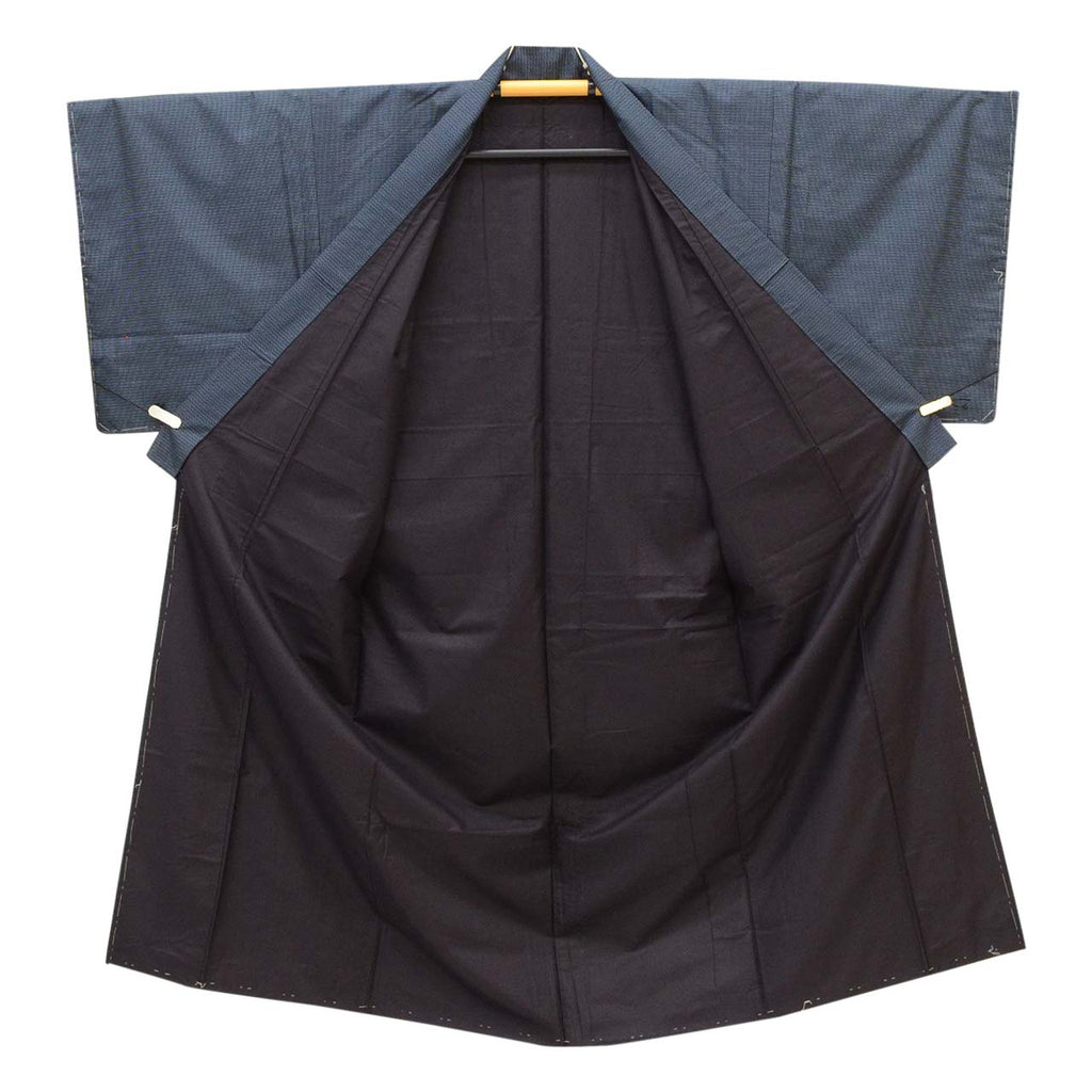 [Used] Recycled Kimono and Haori Set Ensemble for Men, Oshima Tsumugi Silk, Unused, Sleeve Length 69.5cm, Body Length 146cm, Size L, Navy Blue, Tortoiseshell Pattern, Includes Nagajuban (undergarment), Obi (sash), and Haori Cord. (uu2050b) 