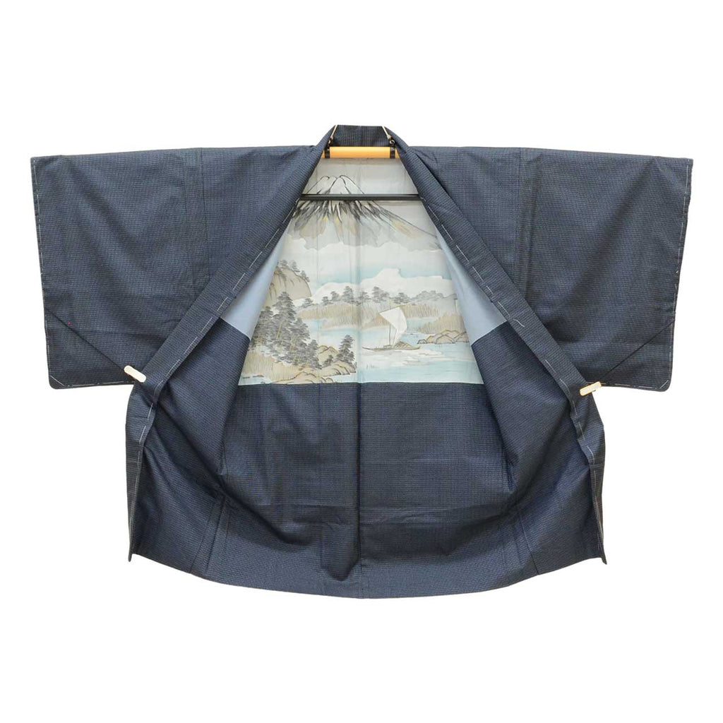 [Used] Recycled Kimono and Haori Set Ensemble for Men, Oshima Tsumugi Silk, Unused, Sleeve Length 69.5cm, Body Length 146cm, Size L, Navy Blue, Tortoiseshell Pattern, Includes Nagajuban (undergarment), Obi (sash), and Haori Cord. (uu2050b) 