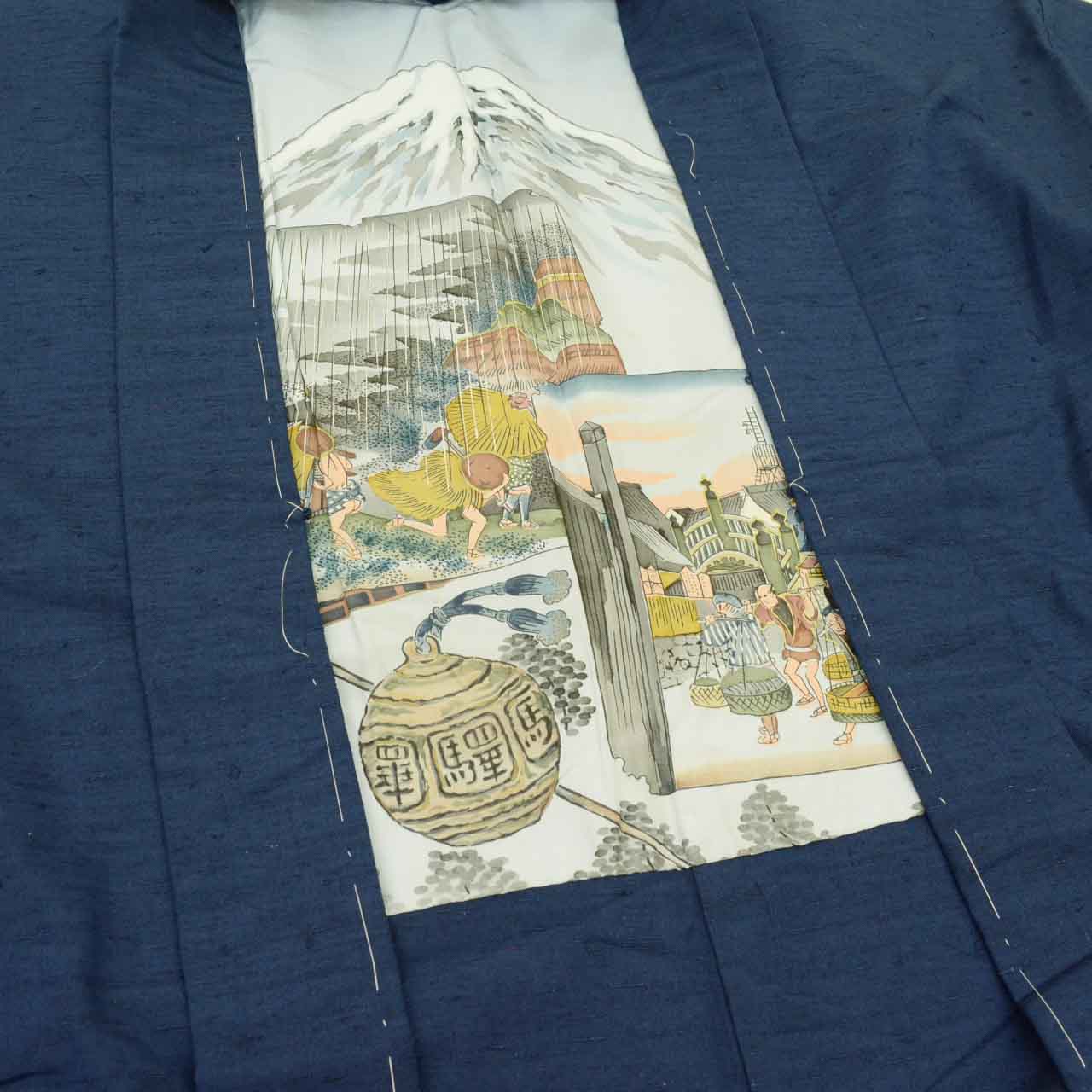 [Used] Recycled Kimono and Haori Set Ensemble for Men, Hige Tsumugi Silk, Unused, Sleeve Length 71.5cm (28.1in), Body Length 134.0cm (52.8in), Size S, Navy Blue, with Haori Cord, Men's uu2053b 