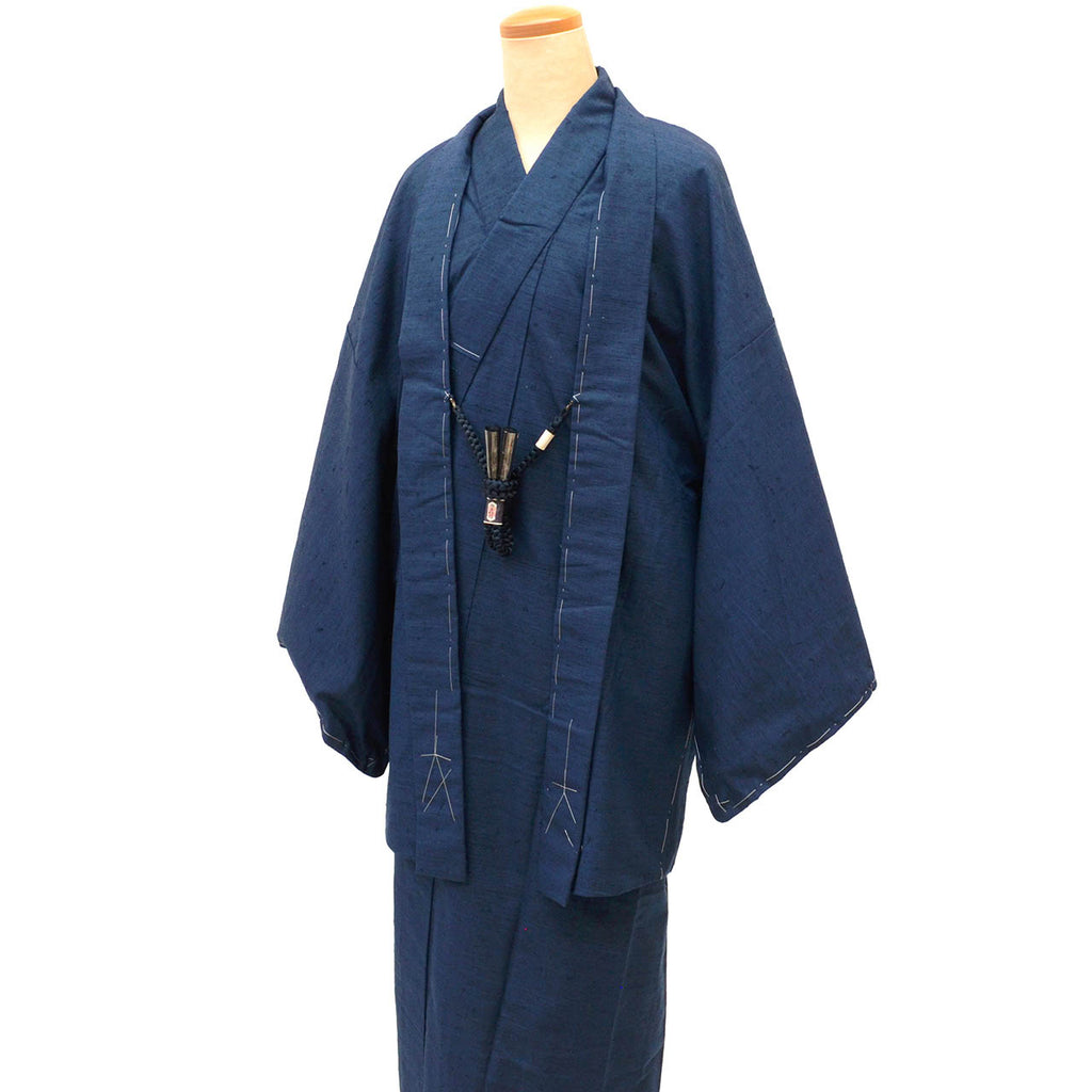 [Used] Recycled Kimono and Haori Set Ensemble for Men, Hige Tsumugi Silk, Unused, Sleeve Length 71.5cm (28.1in), Body Length 134.0cm (52.8in), Size S, Navy Blue, with Haori Cord, Men's uu2053b 