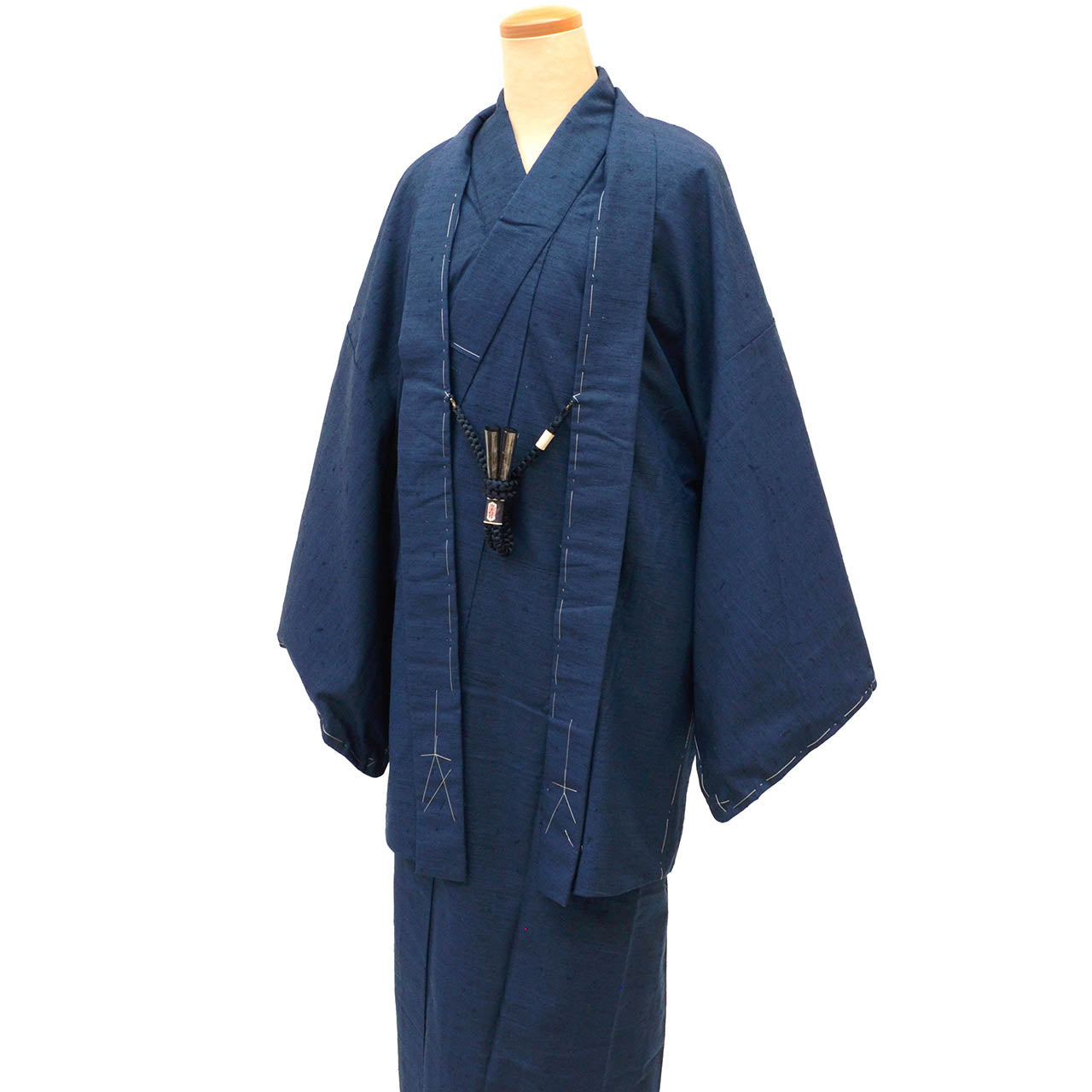 [Used] Recycled Kimono and Haori Set Ensemble for Men, Hige Tsumugi Silk, Unused, Sleeve Length 71.5cm (28.1in), Body Length 134.0cm (52.8in), Size S, Navy Blue, with Haori Cord, Men's uu2053b 