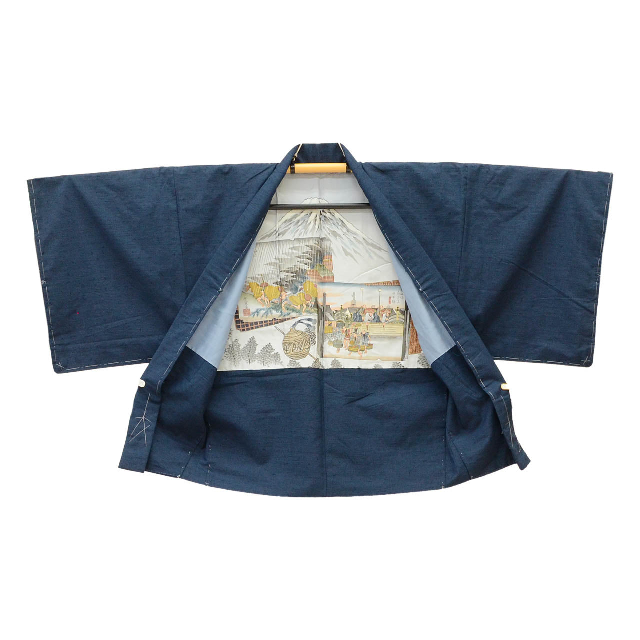 [Used] Recycled Kimono and Haori Set Ensemble for Men, Hige Tsumugi Silk, Unused, Sleeve Length 71.5cm (28.1in), Body Length 134.0cm (52.8in), Size S, Navy Blue, with Haori Cord, Men's uu2053b 
