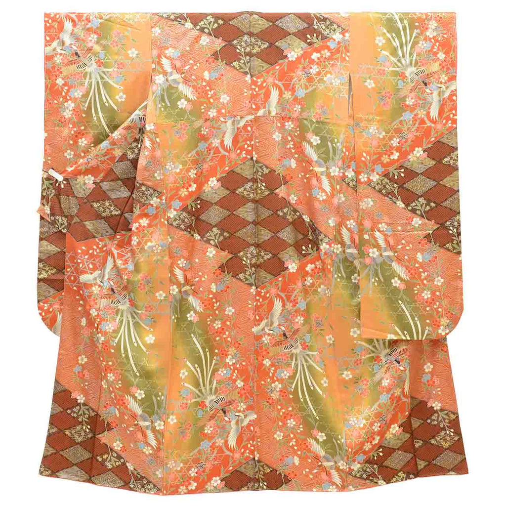[Used] Recycled Kimono, Furisode (long-sleeved kimono), Vintage Furisode, Pure Silk, Size S, Excellent Condition, Length 150.2cm, Sleeve Length 63.2cm, Lined, Ready-made, Beautiful Condition, Gold Leaf, Brown, Phoenix and Flower Design, Reused uu2061b 
