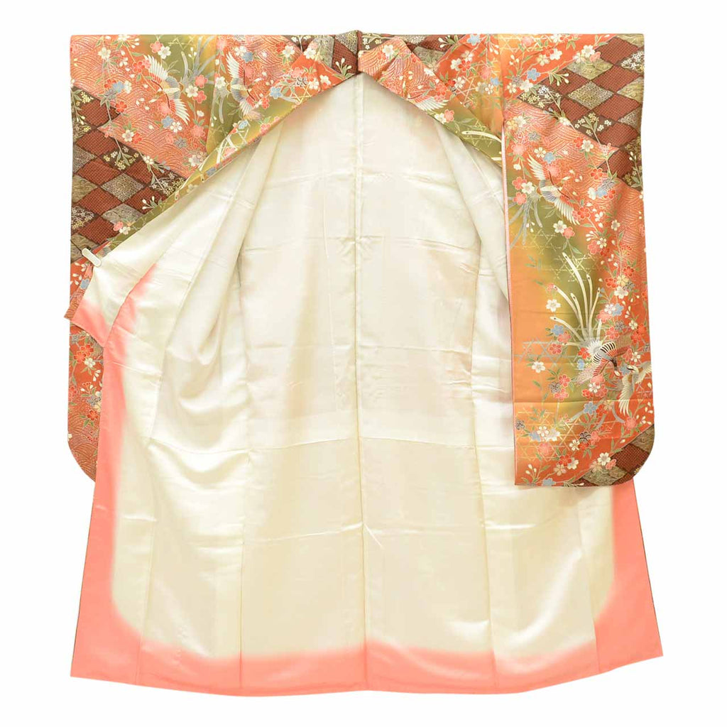 [Used] Recycled Kimono, Furisode (long-sleeved kimono), Vintage Furisode, Pure Silk, Size S, Excellent Condition, Length 150.2cm, Sleeve Length 63.2cm, Lined, Ready-made, Beautiful Condition, Gold Leaf, Brown, Phoenix and Flower Design, Reused uu2061b 