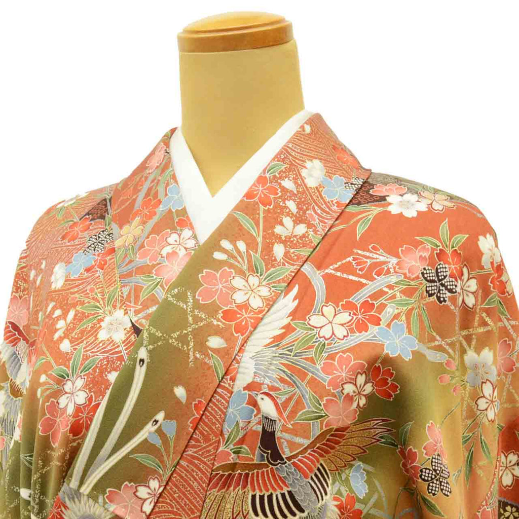 [Used] Recycled Kimono, Furisode (long-sleeved kimono), Vintage Furisode, Pure Silk, Size S, Excellent Condition, Length 150.2cm, Sleeve Length 63.2cm, Lined, Ready-made, Beautiful Condition, Gold Leaf, Brown, Phoenix and Flower Design, Reused uu2061b 