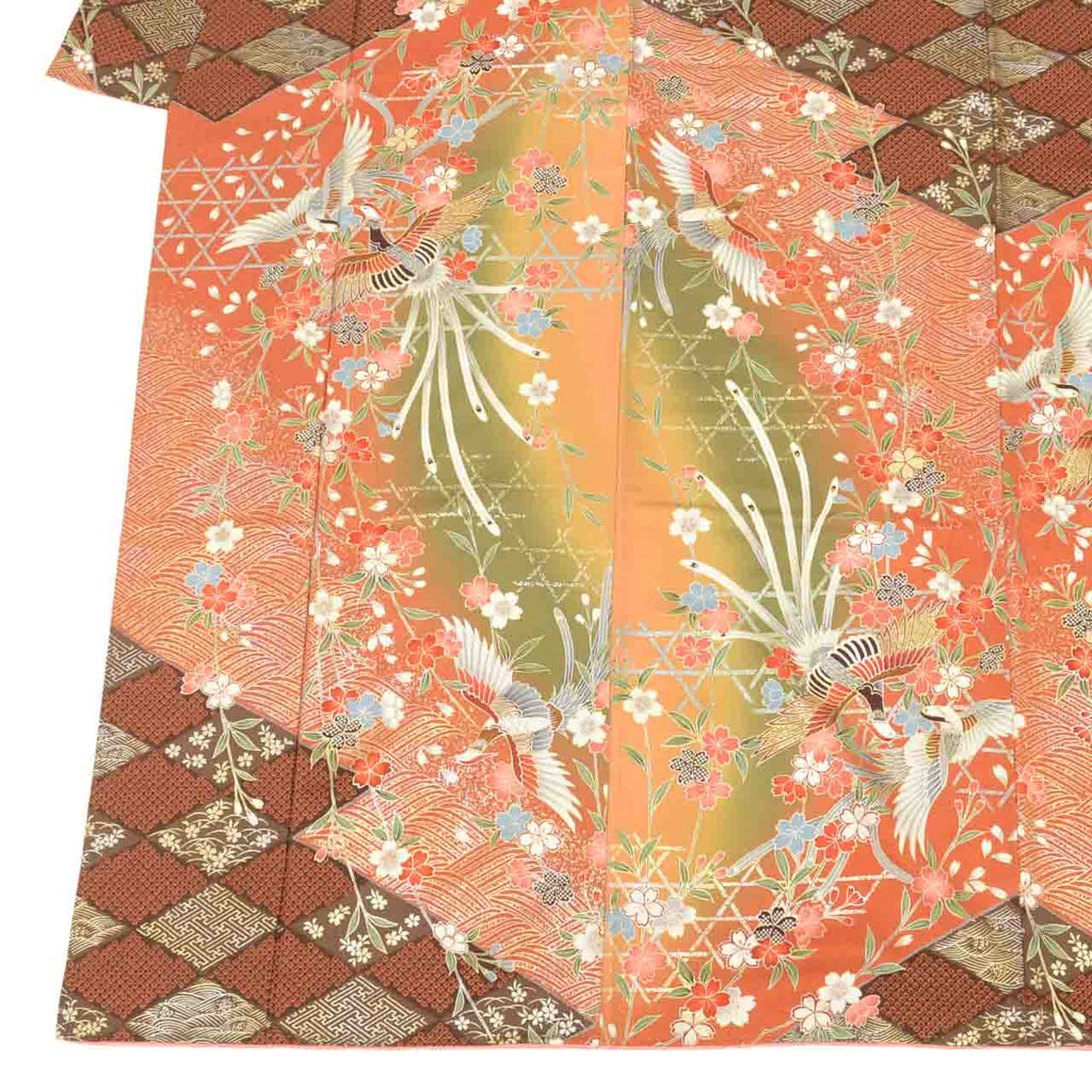 [Used] Recycled Kimono, Furisode (long-sleeved kimono), Vintage Furisode, Pure Silk, Size S, Excellent Condition, Length 150.2cm, Sleeve Length 63.2cm, Lined, Ready-made, Beautiful Condition, Gold Leaf, Brown, Phoenix and Flower Design, Reused uu2061b 