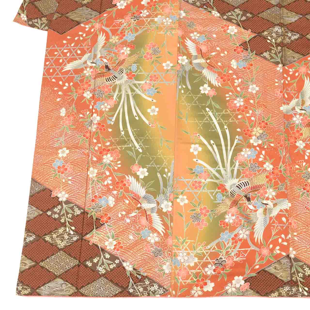 [Used] Recycled Kimono, Furisode (long-sleeved kimono), Vintage Furisode, Pure Silk, Size S, Excellent Condition, Length 150.2cm, Sleeve Length 63.2cm, Lined, Ready-made, Beautiful Condition, Gold Leaf, Brown, Phoenix and Flower Design, Reused uu2061b 