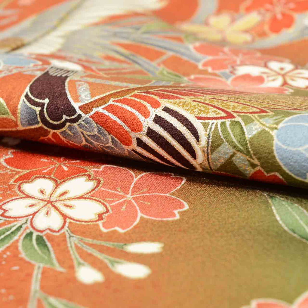 [Used] Recycled Kimono, Furisode (long-sleeved kimono), Vintage Furisode, Pure Silk, Size S, Excellent Condition, Length 150.2cm, Sleeve Length 63.2cm, Lined, Ready-made, Beautiful Condition, Gold Leaf, Brown, Phoenix and Flower Design, Reused uu2061b 