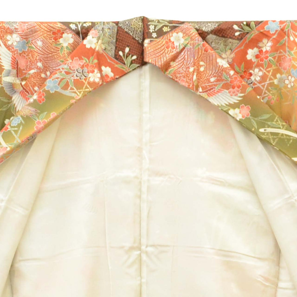[Used] Recycled Kimono, Furisode (long-sleeved kimono), Vintage Furisode, Pure Silk, Size S, Excellent Condition, Length 150.2cm, Sleeve Length 63.2cm, Lined, Ready-made, Beautiful Condition, Gold Leaf, Brown, Phoenix and Flower Design, Reused uu2061b 