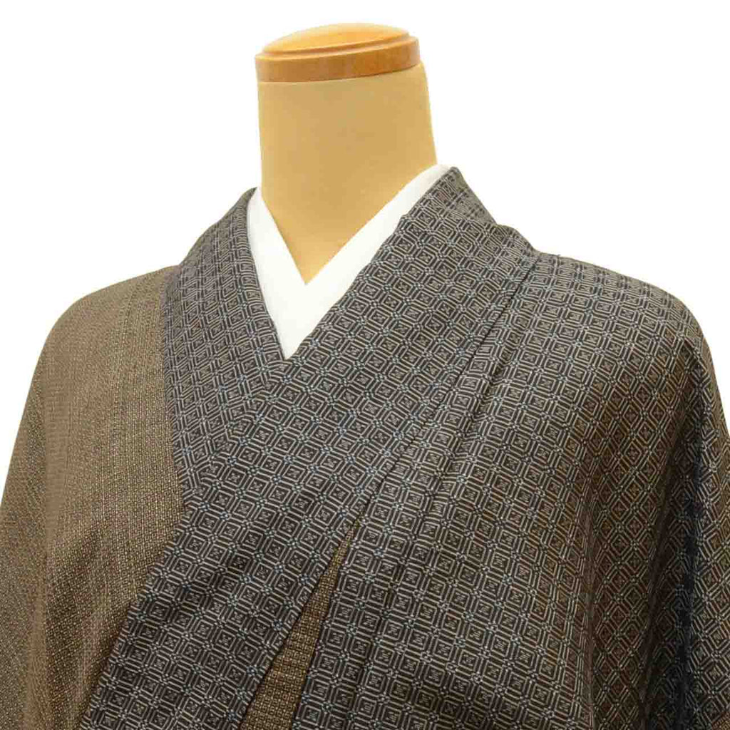 Vintage Japanese Kimono | Oshima Tsumugi | Brown Silk | Lattice Pattern | Plus Size L-LL | Sustainable | uu2071b