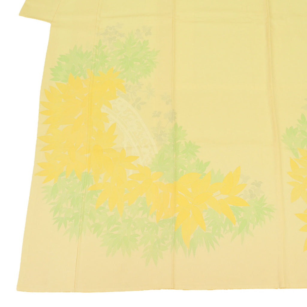 Vintage Japanese Kimono | Tsukesage | Yellow Silk | Bamboo Grass Yuzen | Unused | Size L | Sustainable | uu2076b