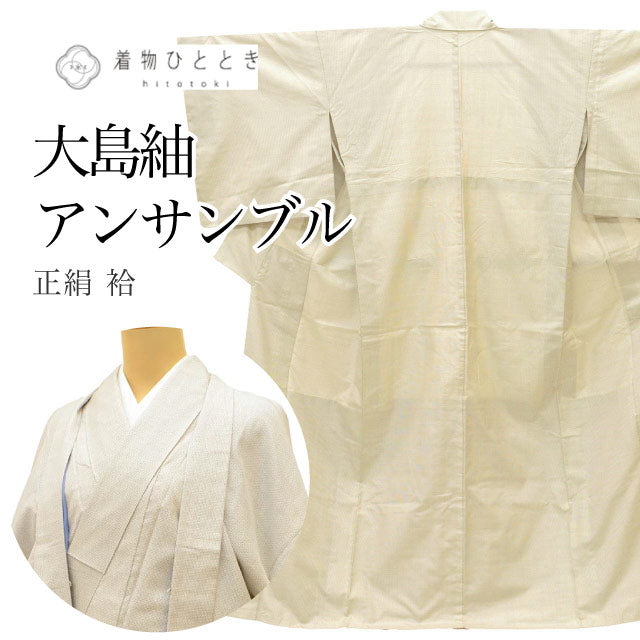 【中古】 リサイクル着物 羽織 アンサンブル 女性 大島紬 白大島 正絹 裄71cm 身丈157cm M 単衣 長羽織 白色系 亀甲絣文様 レディース uu2091b