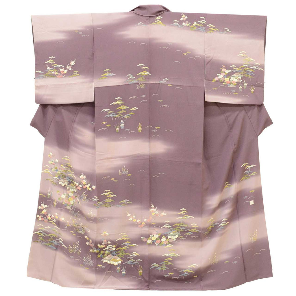 [Used] Recycled Kimono, Visiting Kimono, Pure Silk, Size M (Slightly Plus Size L), Excellent Condition, Length 156.0cm (61.4in), Sleeve Length 63.7cm (25.1in), Lined, Ready-made, Signed by Artist, Yuzen Dyeing, Purple Landscape, Reused uu2096b 