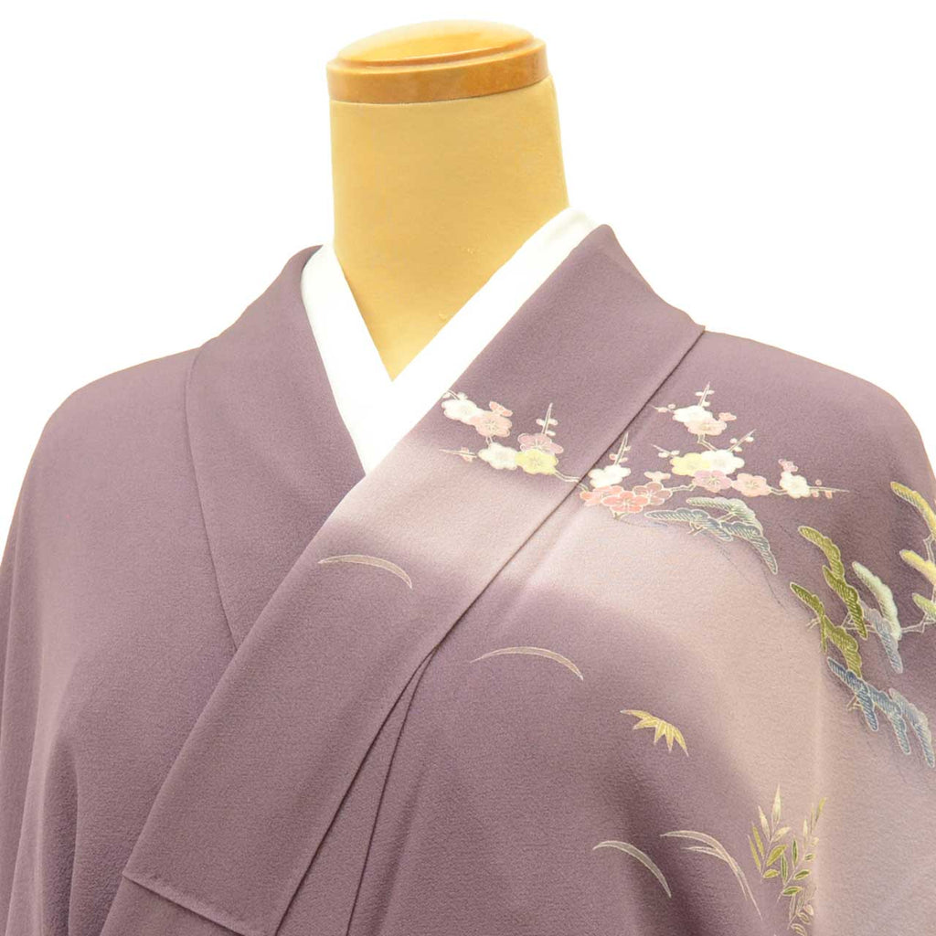 [Used] Recycled Kimono, Visiting Kimono, Pure Silk, Size M (Slightly Plus Size L), Excellent Condition, Length 156.0cm (61.4in), Sleeve Length 63.7cm (25.1in), Lined, Ready-made, Signed by Artist, Yuzen Dyeing, Purple Landscape, Reused uu2096b 