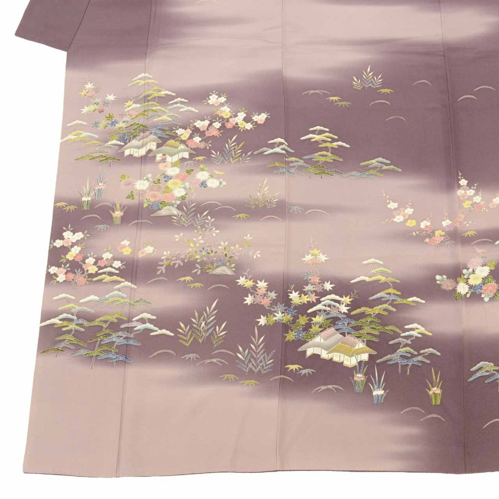 [Used] Recycled Kimono, Visiting Kimono, Pure Silk, Size M (Slightly Plus Size L), Excellent Condition, Length 156.0cm (61.4in), Sleeve Length 63.7cm (25.1in), Lined, Ready-made, Signed by Artist, Yuzen Dyeing, Purple Landscape, Reused uu2096b 