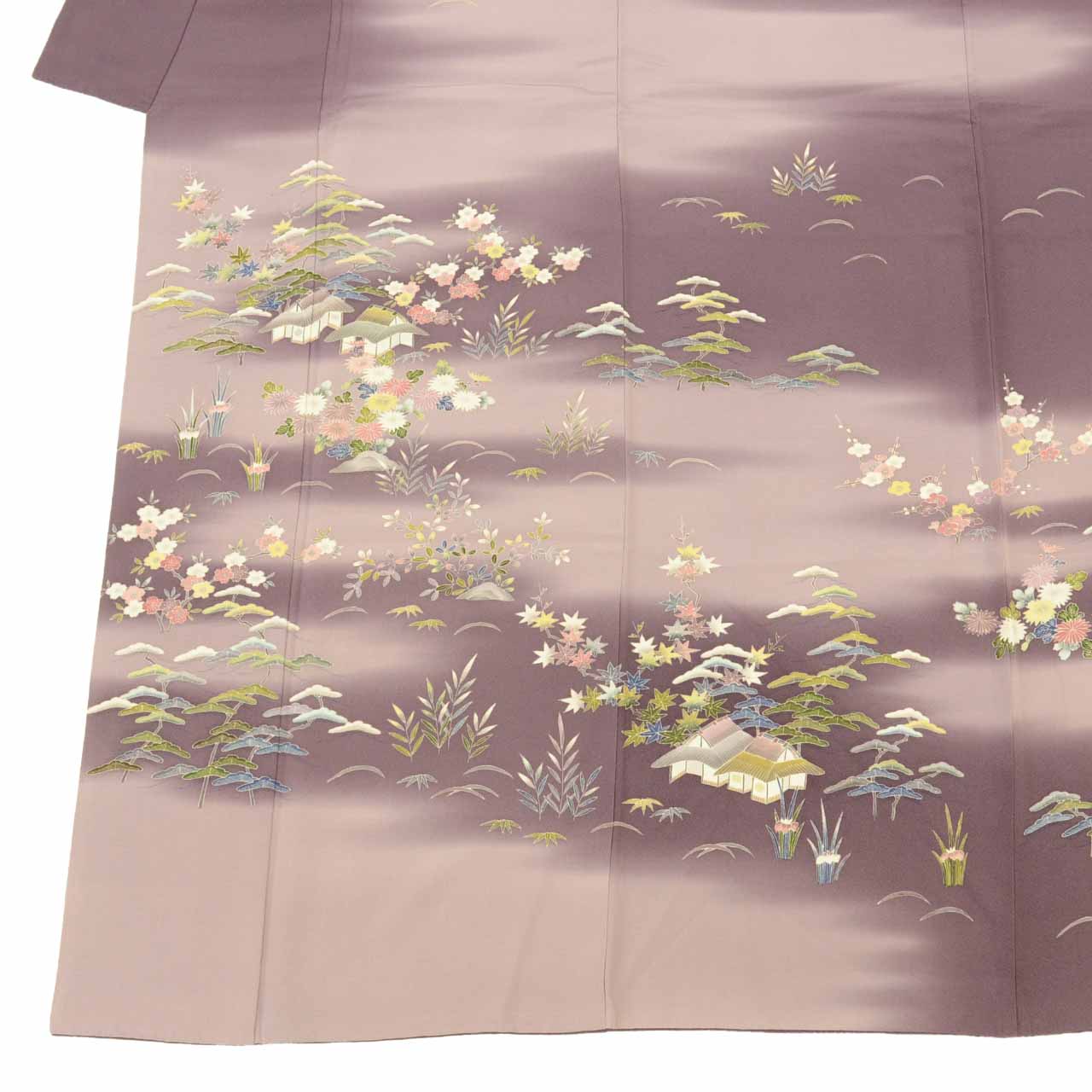 [Used] Recycled Kimono, Visiting Kimono, Pure Silk, Size M (Slightly Plus Size L), Excellent Condition, Length 156.0cm (61.4in), Sleeve Length 63.7cm (25.1in), Lined, Ready-made, Signed by Artist, Yuzen Dyeing, Purple Landscape, Reused uu2096b 