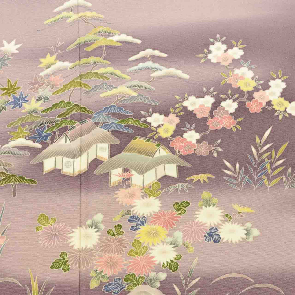 [Used] Recycled Kimono, Visiting Kimono, Pure Silk, Size M (Slightly Plus Size L), Excellent Condition, Length 156.0cm (61.4in), Sleeve Length 63.7cm (25.1in), Lined, Ready-made, Signed by Artist, Yuzen Dyeing, Purple Landscape, Reused uu2096b 