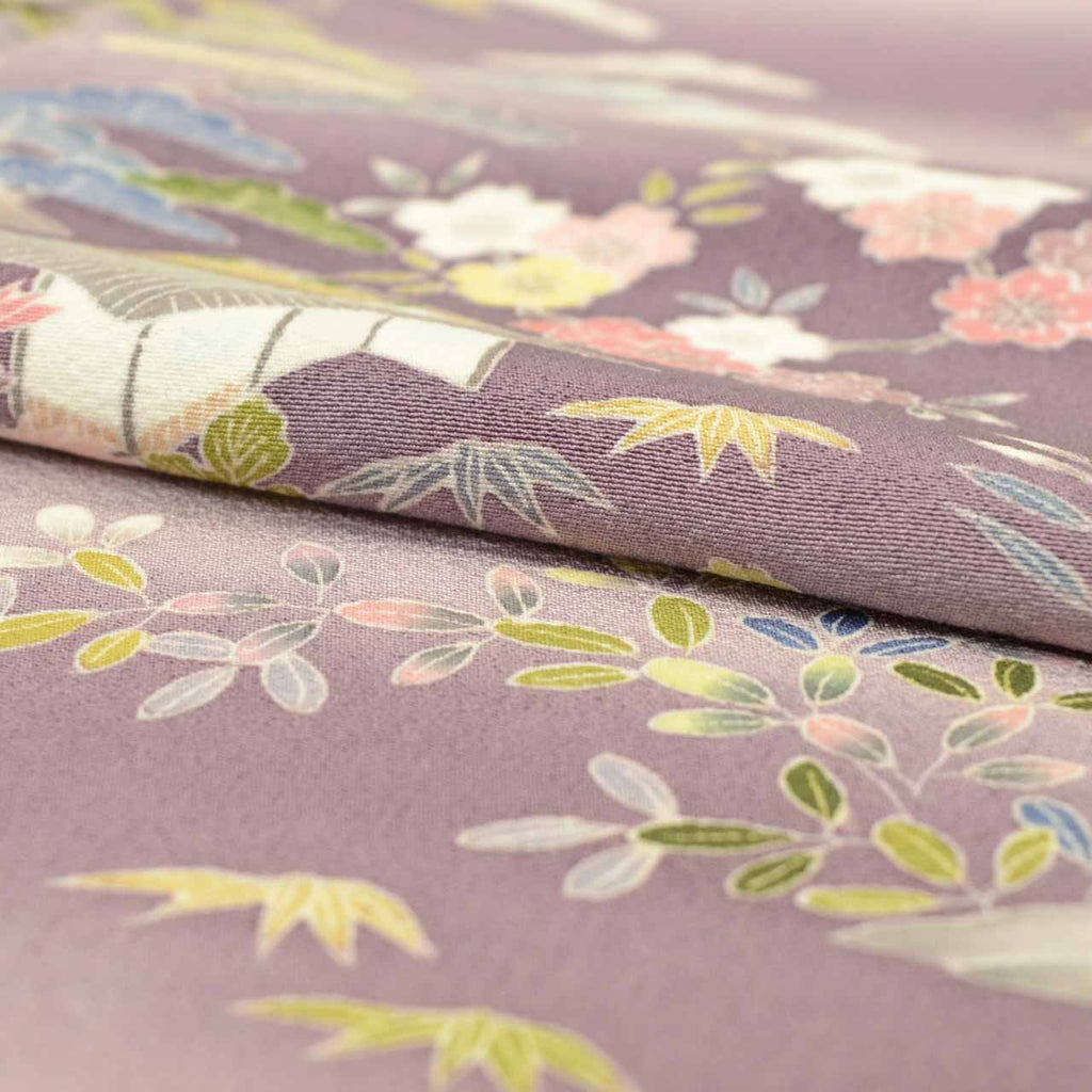 [Used] Recycled Kimono, Visiting Kimono, Pure Silk, Size M (Slightly Plus Size L), Excellent Condition, Length 156.0cm (61.4in), Sleeve Length 63.7cm (25.1in), Lined, Ready-made, Signed by Artist, Yuzen Dyeing, Purple Landscape, Reused uu2096b 