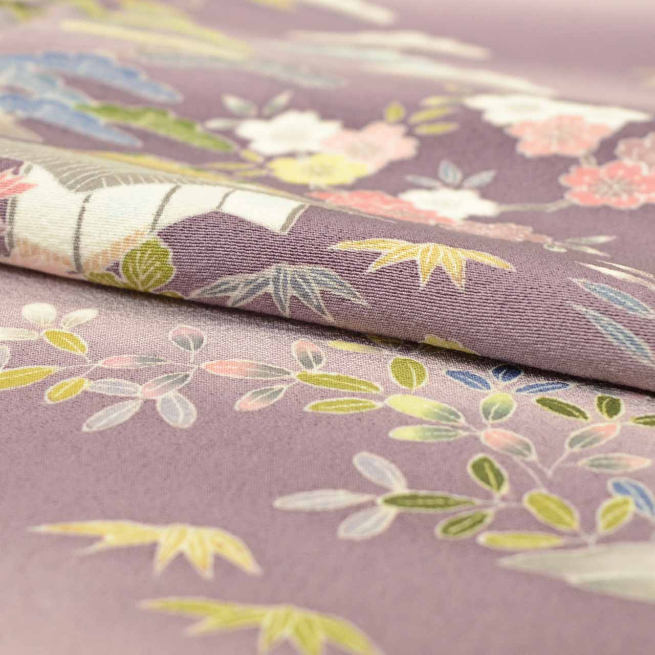 [Used] Recycled Kimono, Visiting Kimono, Pure Silk, Size M (Slightly Plus Size L), Excellent Condition, Length 156.0cm (61.4in), Sleeve Length 63.7cm (25.1in), Lined, Ready-made, Signed by Artist, Yuzen Dyeing, Purple Landscape, Reused uu2096b 