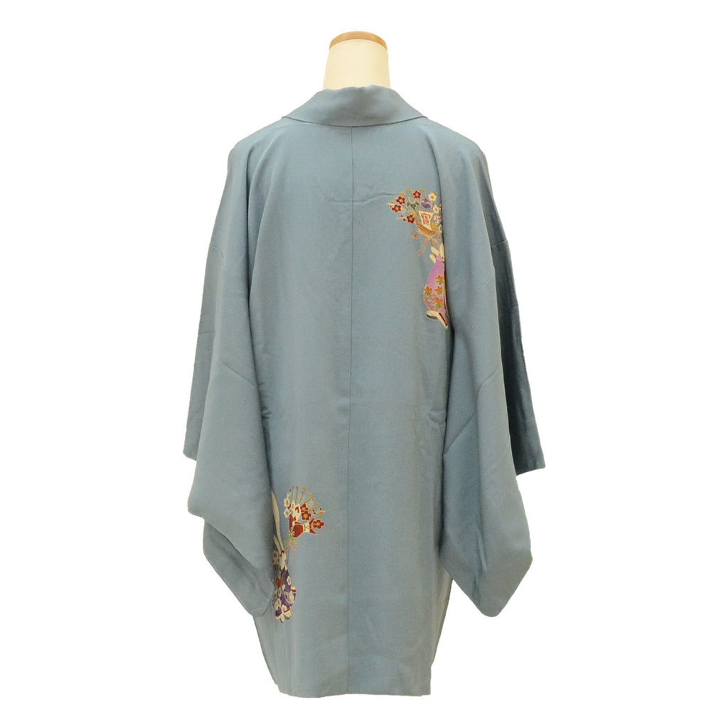 Vintage Japanese Kimono | Michiyuki Coat | Gray Blue Silk Crepe | Rabbit Treasure Ship | Unused | Excellent | Sustainable | uu2109b