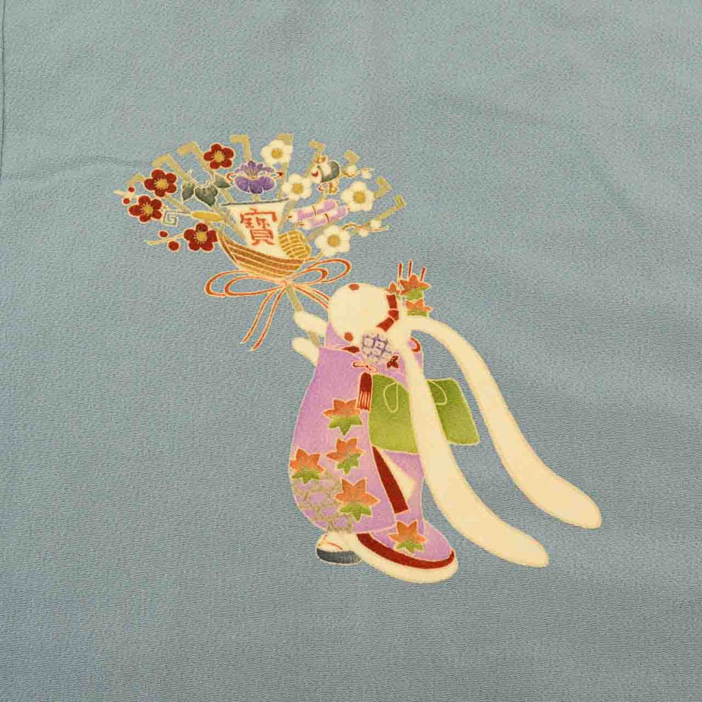 Vintage Japanese Kimono | Michiyuki Coat | Gray Blue Silk Crepe | Rabbit Treasure Ship | Unused | Excellent | Sustainable | uu2109b